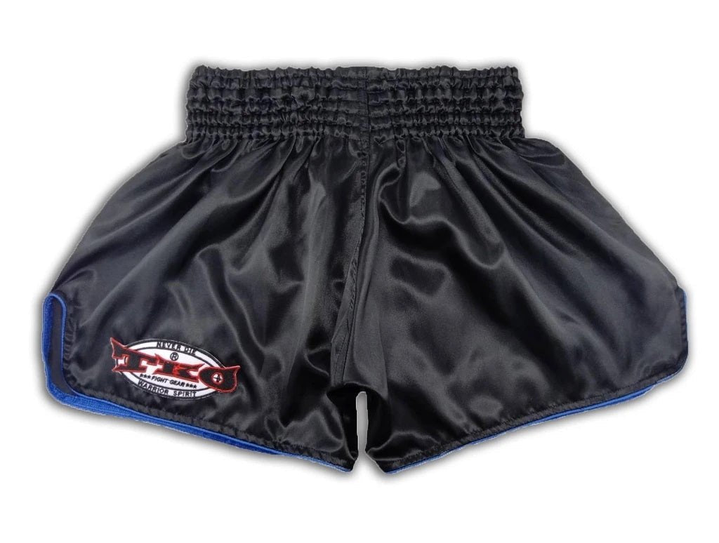 Arwut Classic Black Muay Thai Shorts Blue Trim
