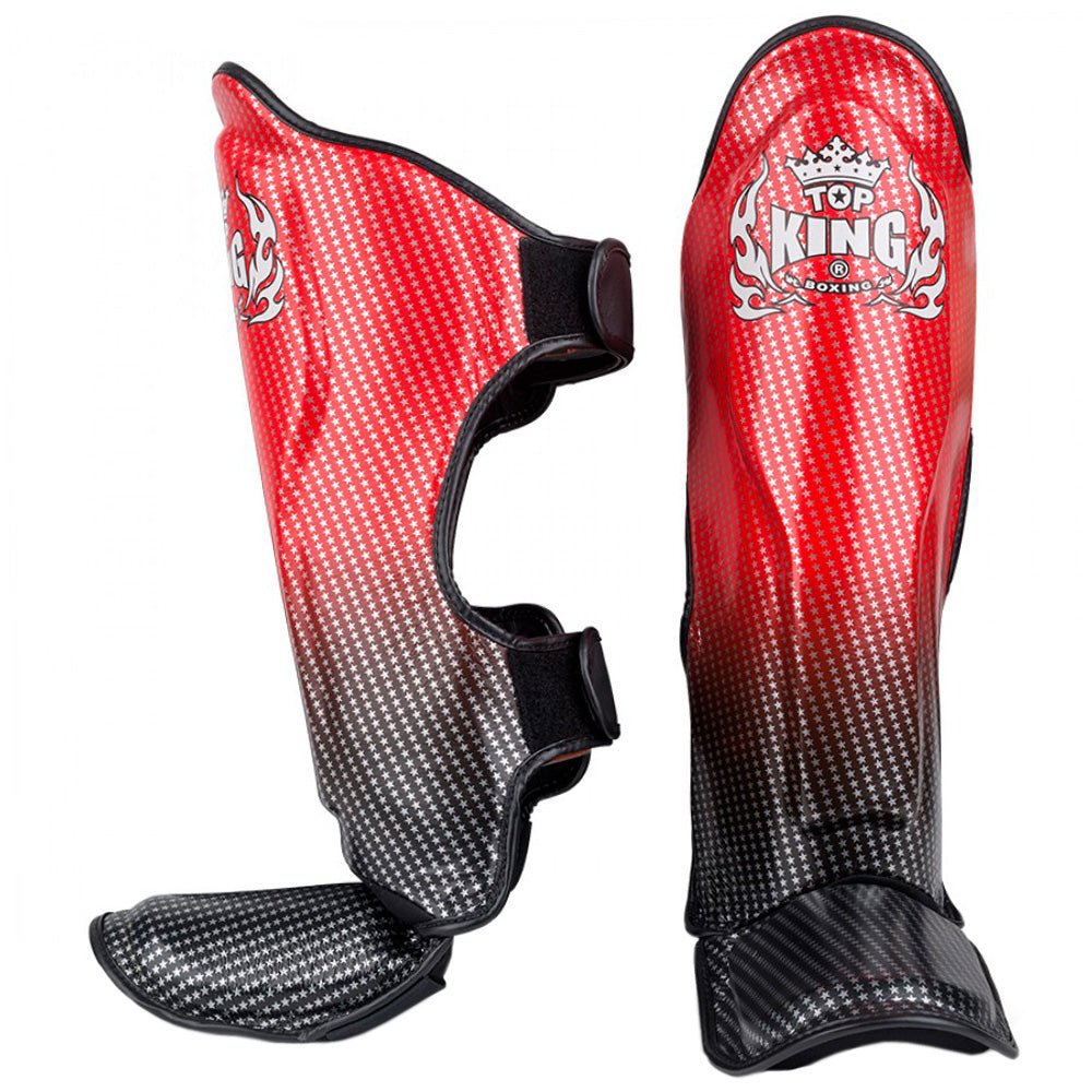 Top King "Superstar' Leather Shin Guards Black Red Front Side View