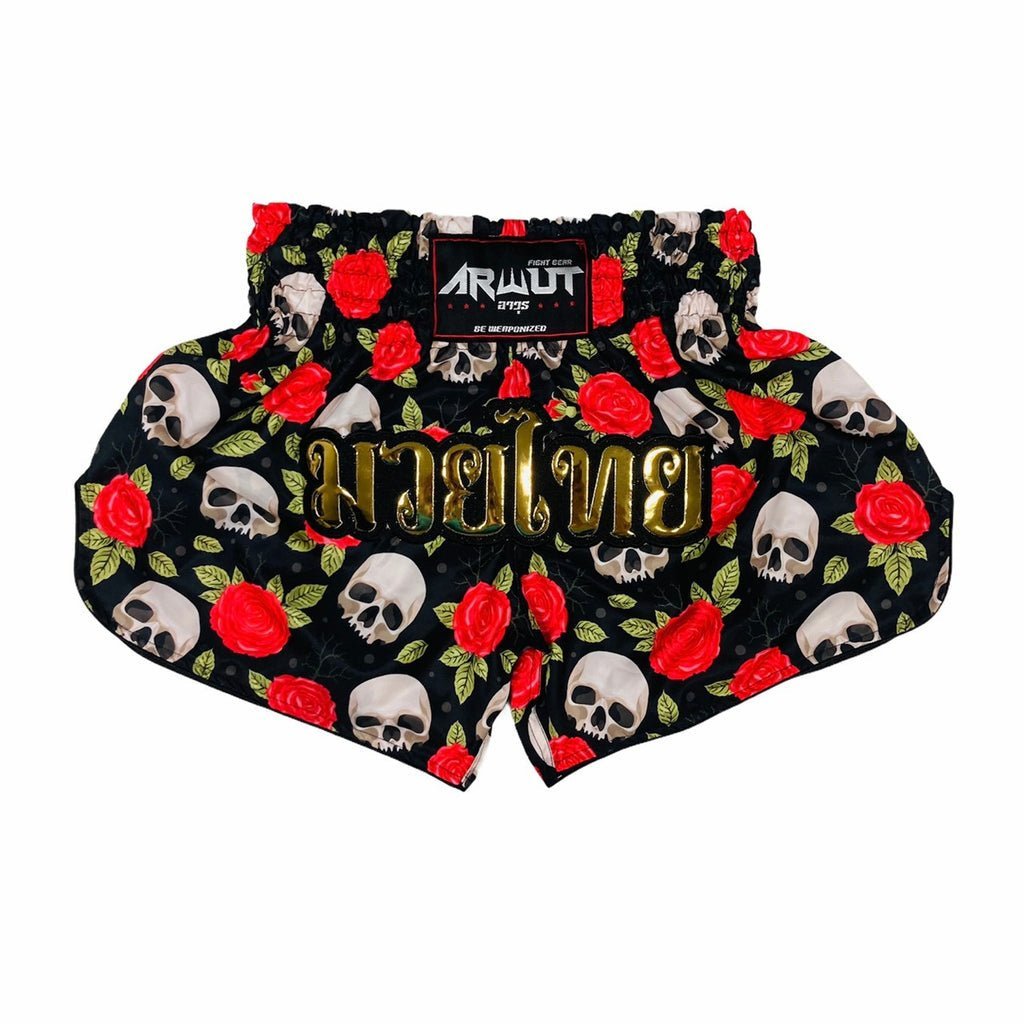 Arwut Muay Thai Shorts With Gothic Skull And Roses