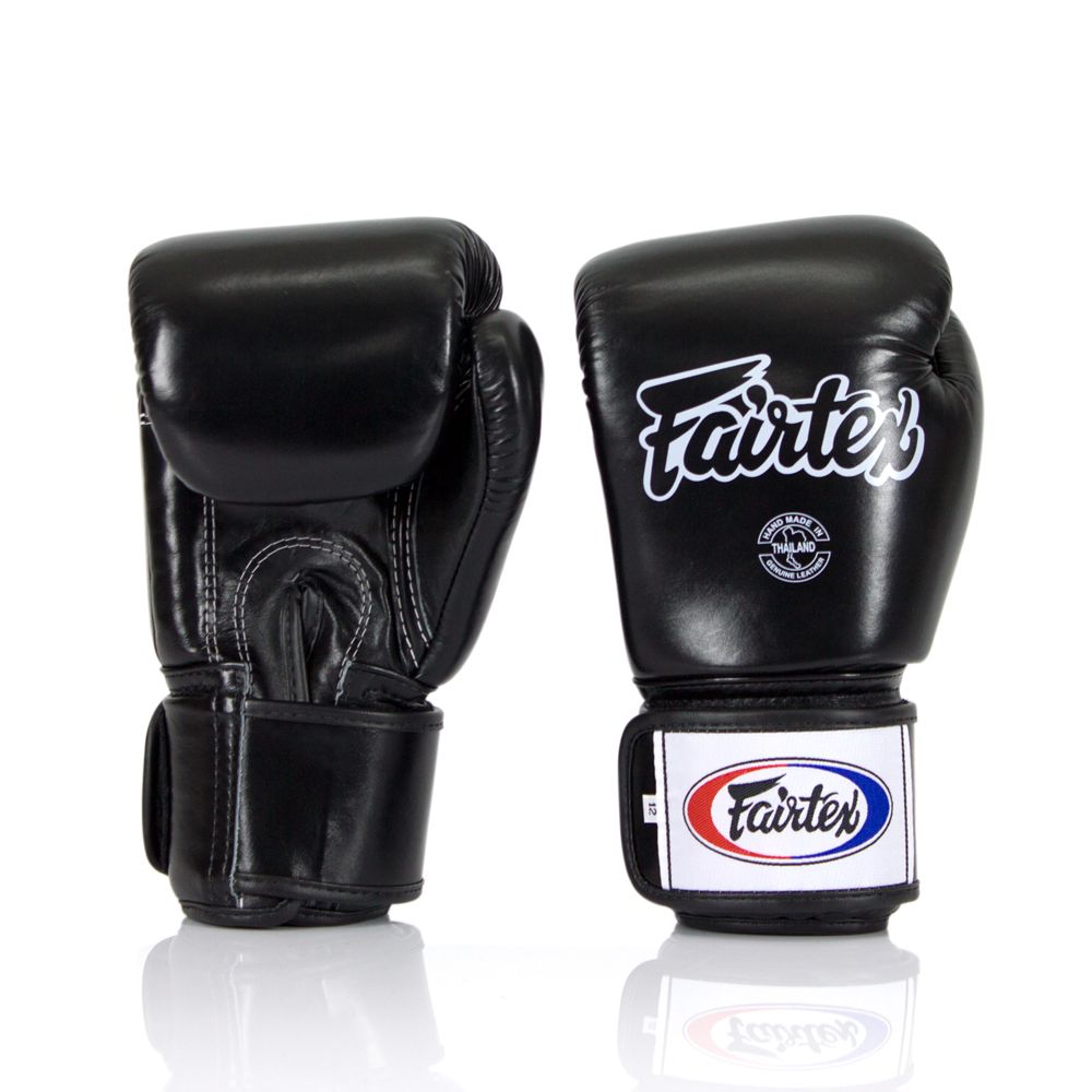 Genuine Black Fairtex Boxing Gloves for Muay Thai Kickboxing Front and Back