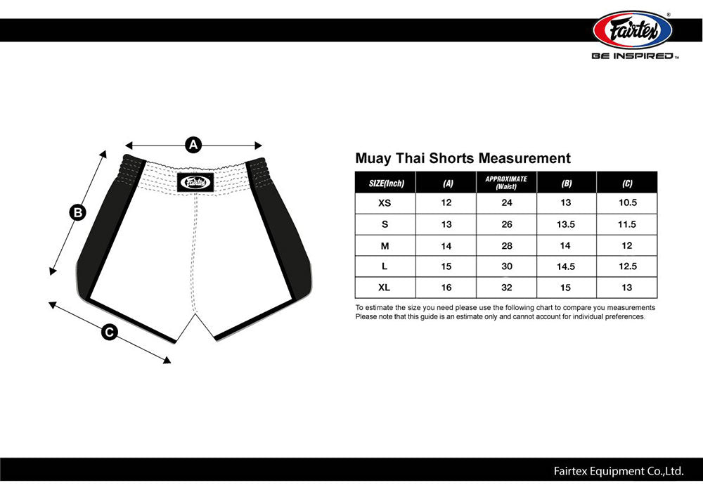 Fairtex Thai shorts Measurement Chart 