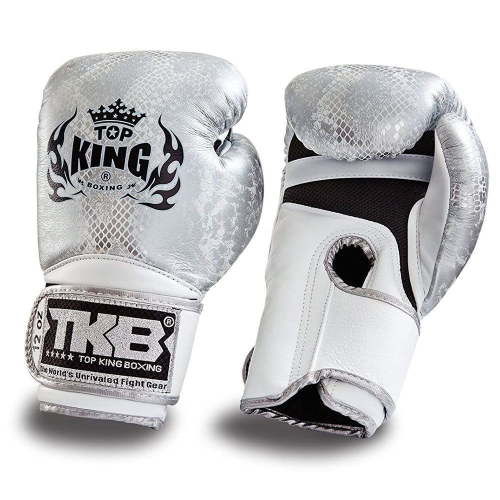 Top King "Snake" Boxing Gloves White Silver Front