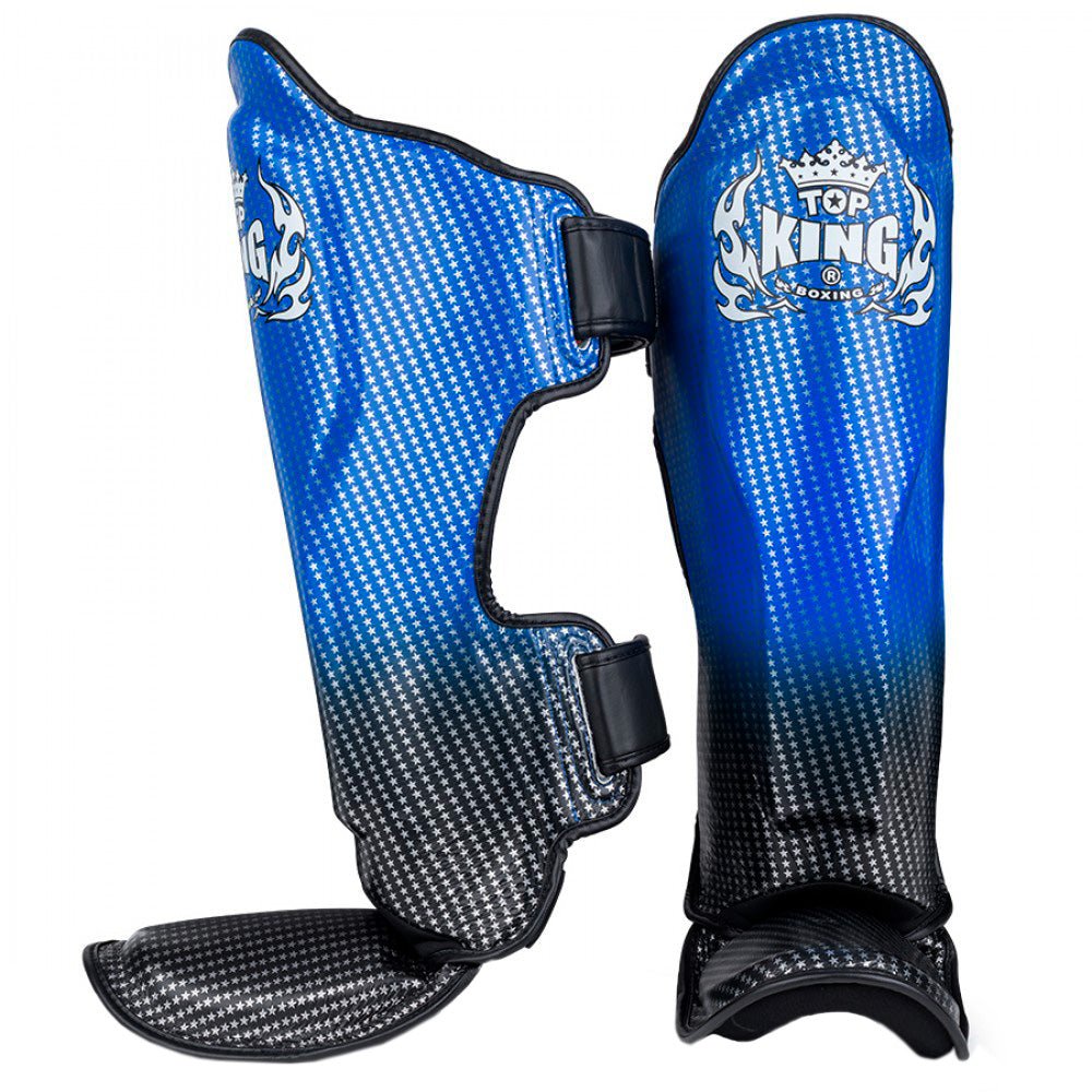 Top King "Superstar' Leather Shin Guards Black Blue Front Side View