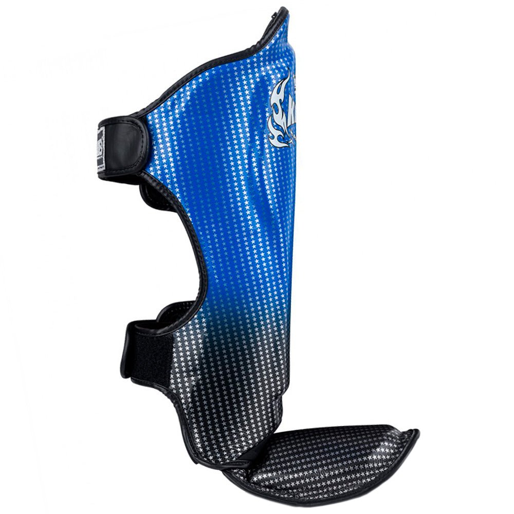 Top King "Superstar' Leather Shin Guards Black Blue Side View