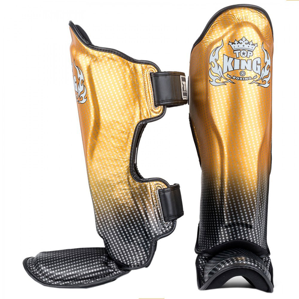 Top King "Superstar' Leather Shin Guards Black Gold Front Side View
