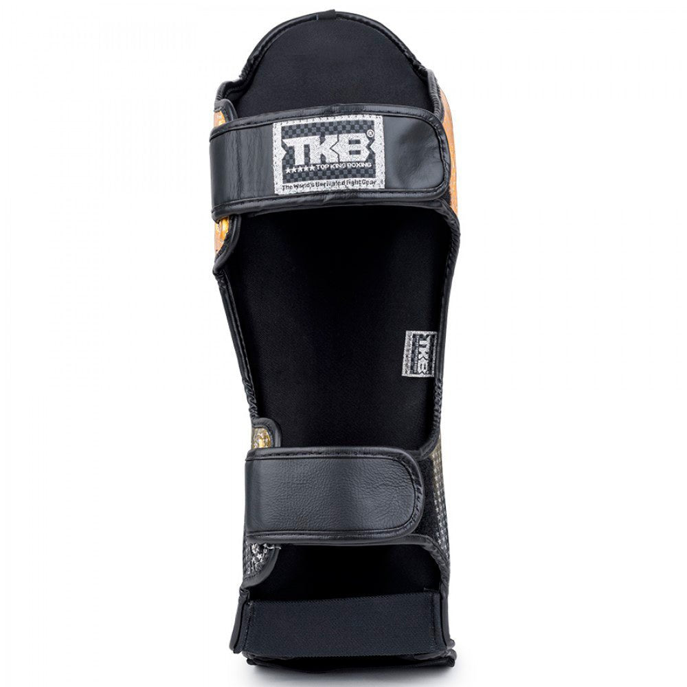 Top King "Superstar' Leather Shin Guards Black Gold Rear View With Straps