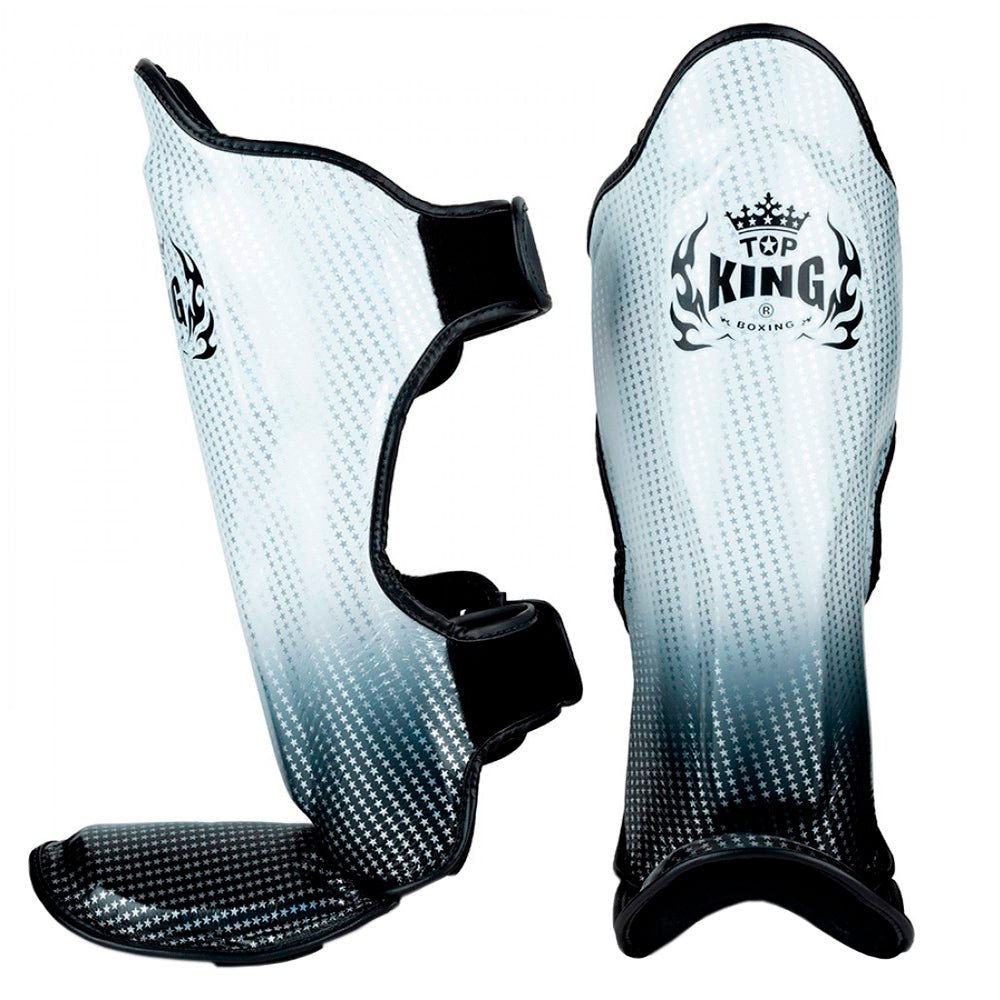 Top King "Superstar' Leather Shin Guards Black Silver Front Side View