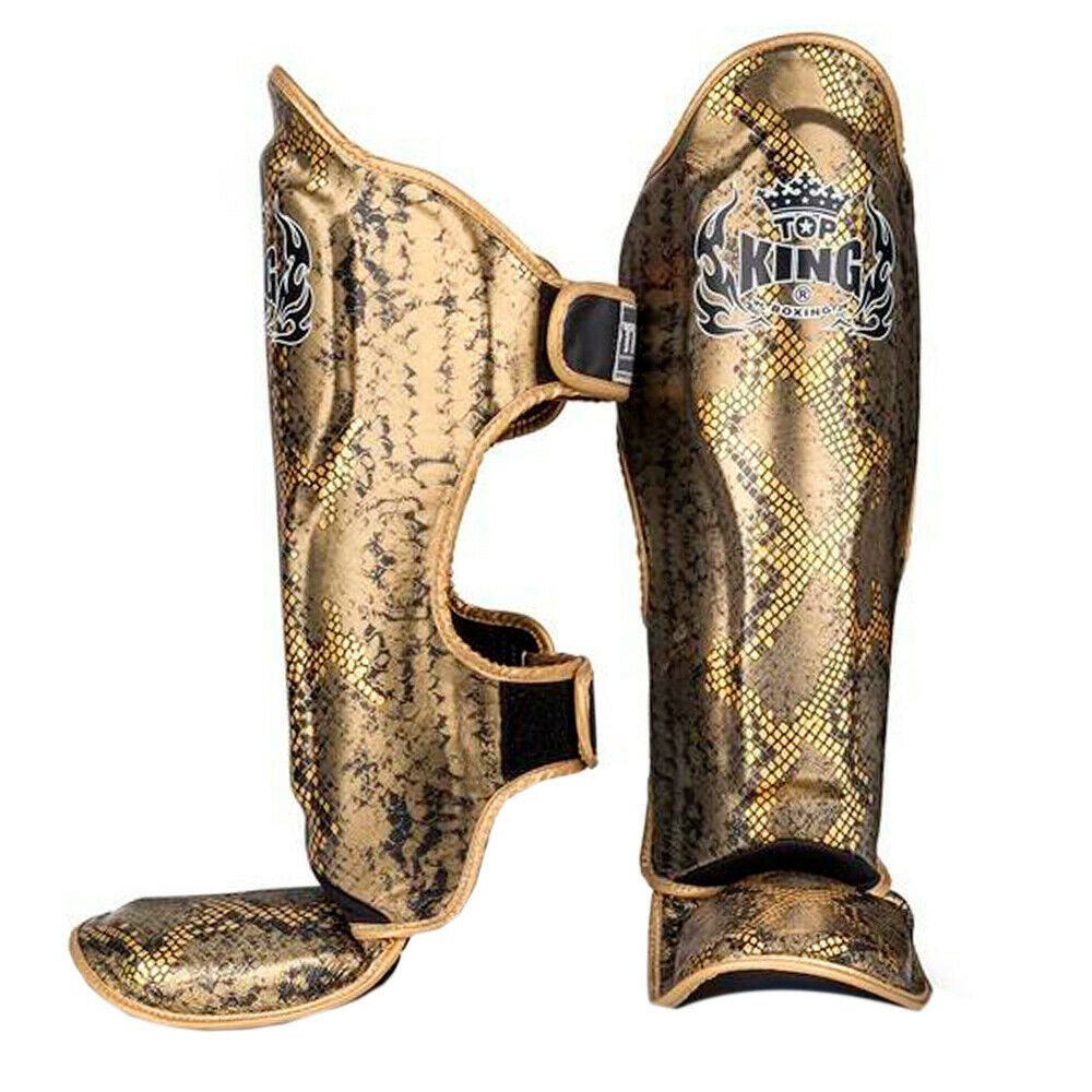 Top King "Snake" Leather Shin Guards Black Gold Front Side