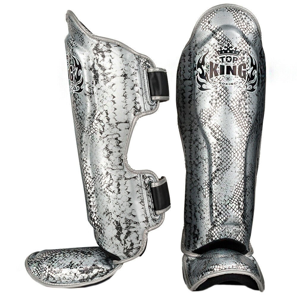 Top King "Snake" Leather Shin Guards Black Silver Front Side