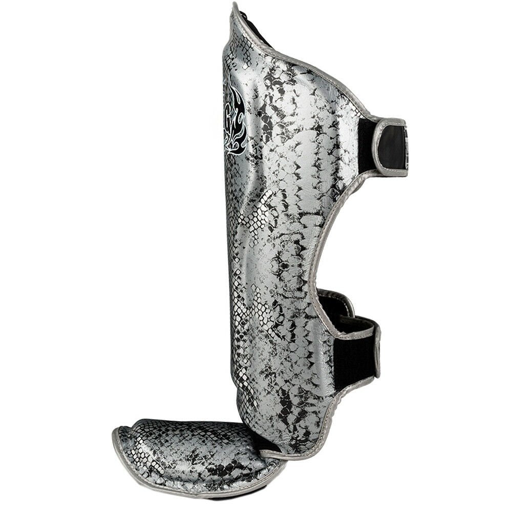 Top King "Snake" Leather Shin Guards Black Silver Side View