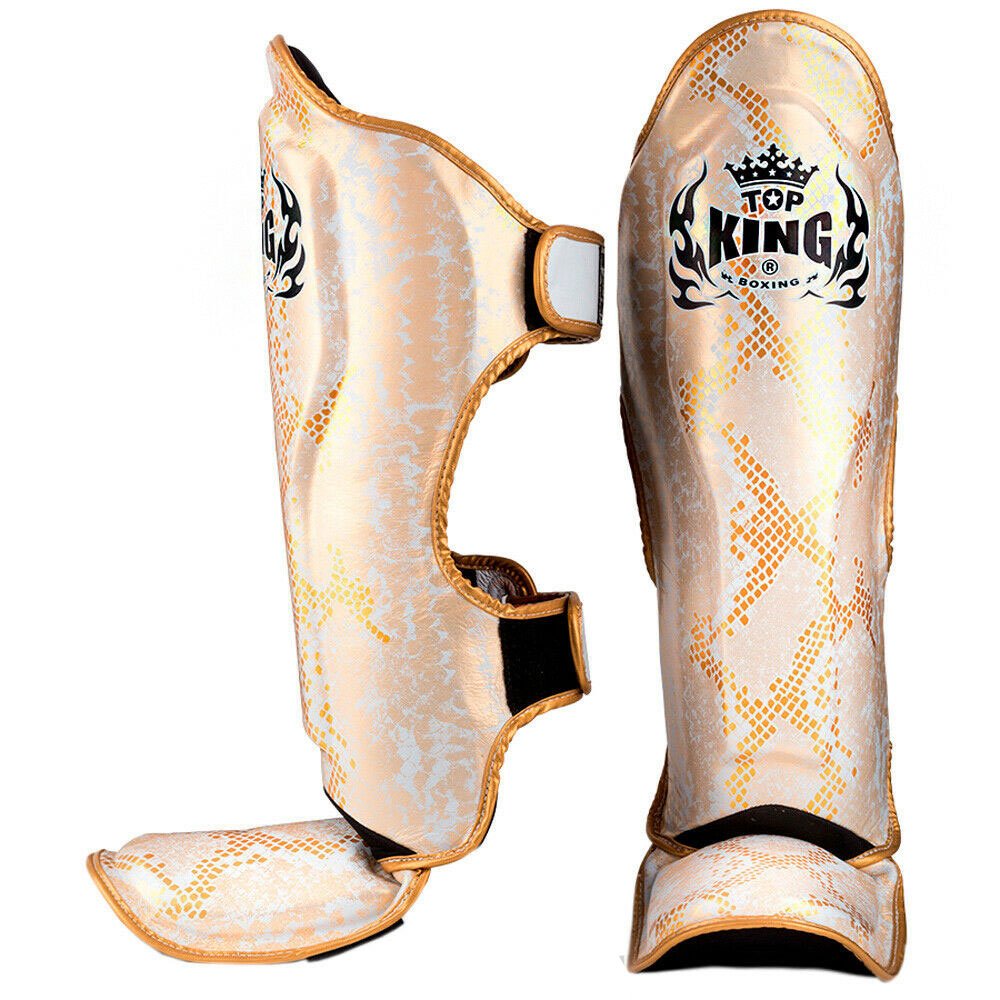Top King "Snake" Leather Shin Guards White Gold Front Side