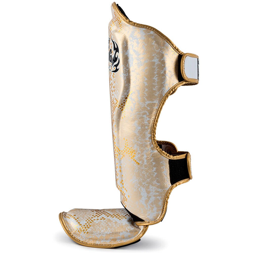 Top King "Snake" Leather Shin Guards White Gold Side View