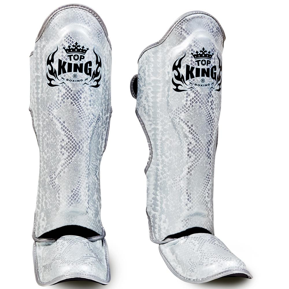 Top King "Snake" Leather Shin Guards White Silver Front Pair