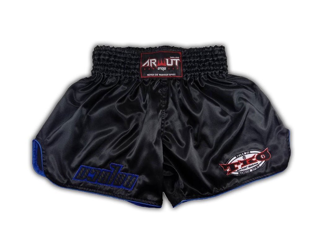 Arwut Classic Black Muay Thai Shorts Retro (Blue Trims) Front